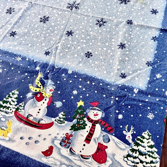 Blue Tablecloth Christmas Holiday Snowmen Snowflakes Cotton Blend 82” x 59” - Picture 7 of 14